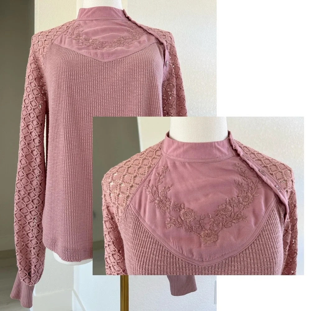 Free People Sweetest Thing Romantic Dusty Rose Lace Balloon Sleeve Top Womens XS